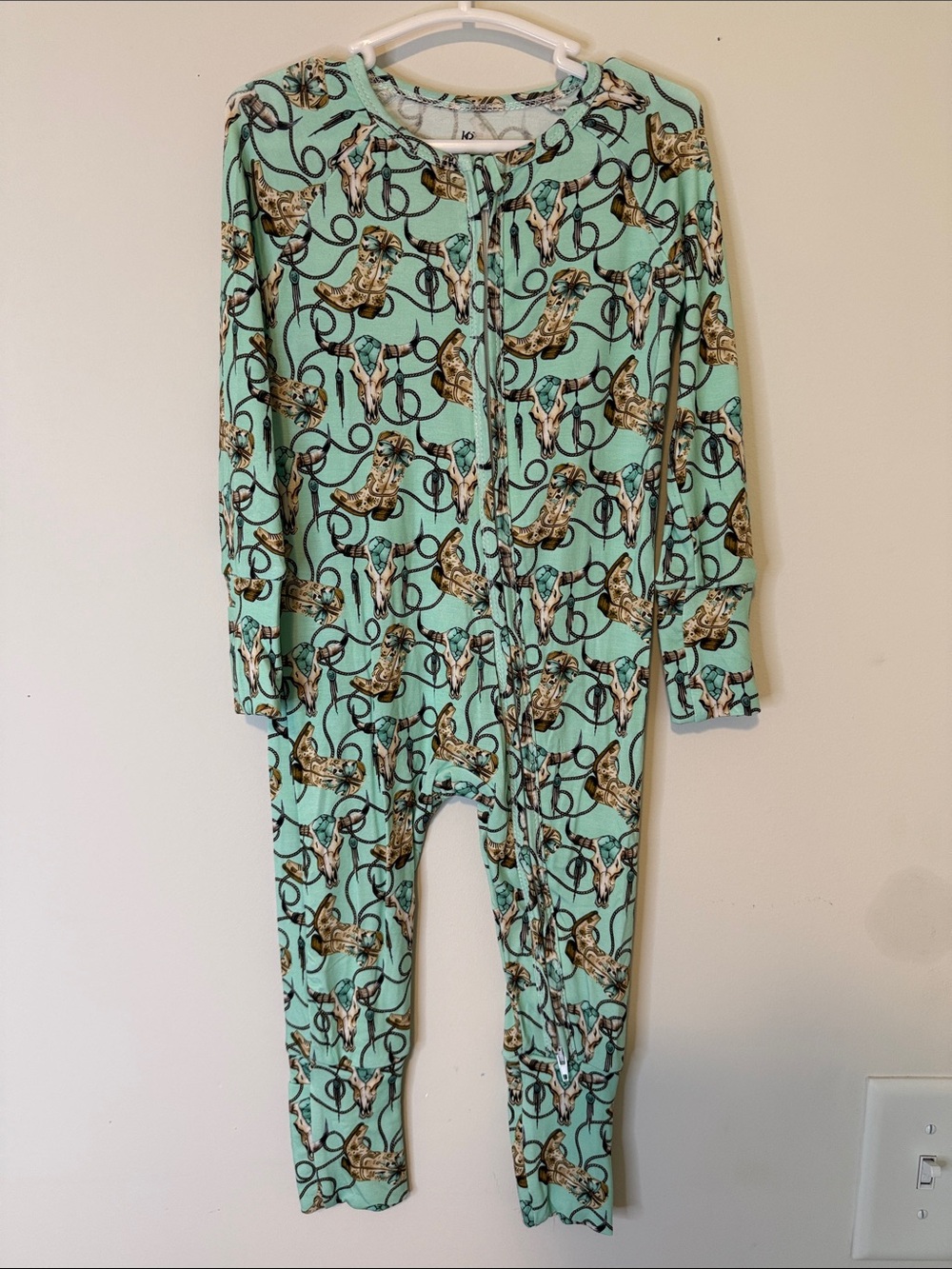 Kids Mint Western-Print Footed One-Piece Pajama